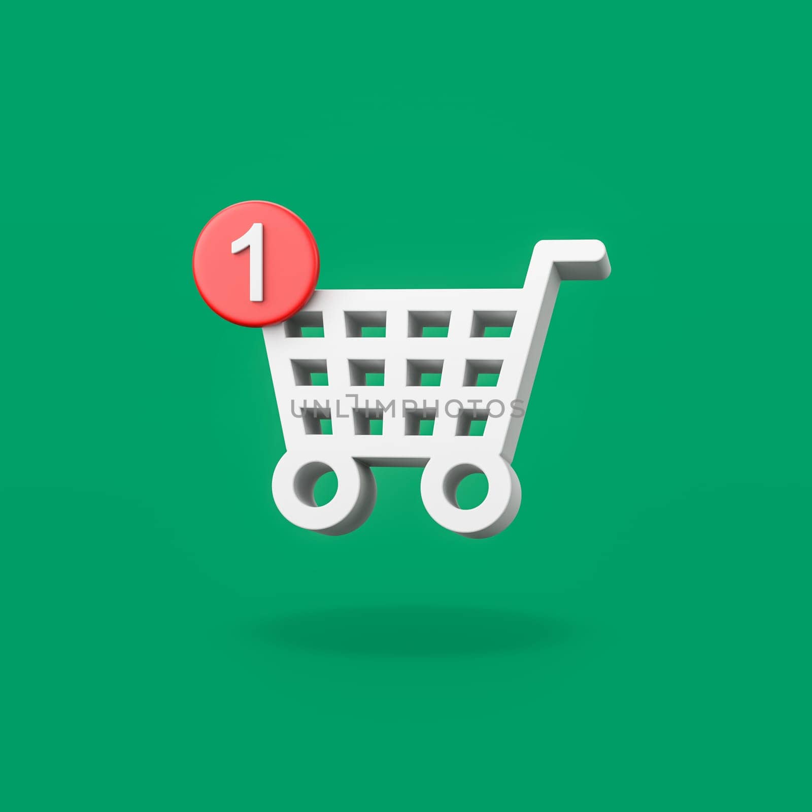Shopping Cart Shape with One Red Notification on Flat Green Background with Shadow 3D Illustration