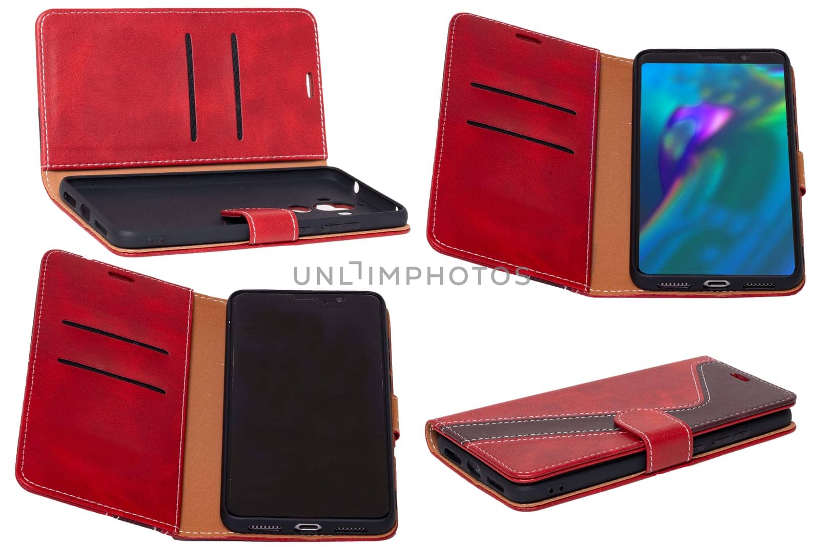 Mobile phone case isolated. Close-up of a smartphone in a red brown leather mobile phone case with magnetic closure in four views isolated on white. Case flip cover. Macro.