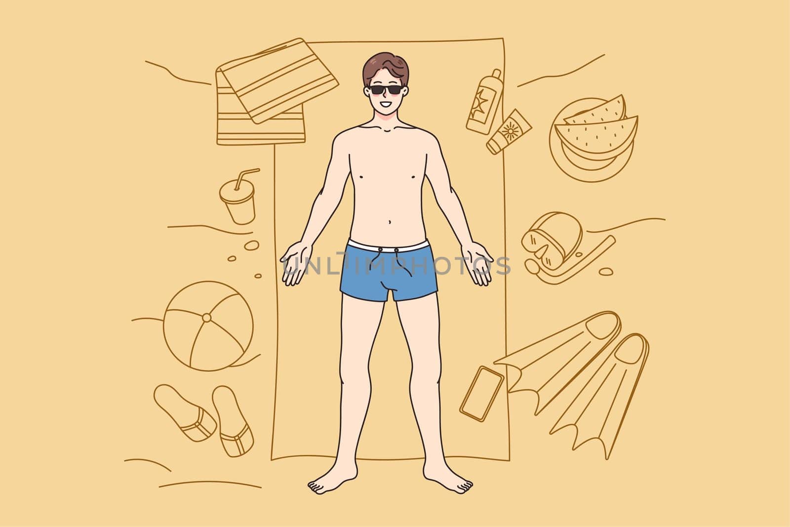 Top view of happy young man in swimwear lying on towel on beach enjoying summer vacations. Smiling guy relax on seaside during summertime holidays. Travel and tourism. Vector illustration.