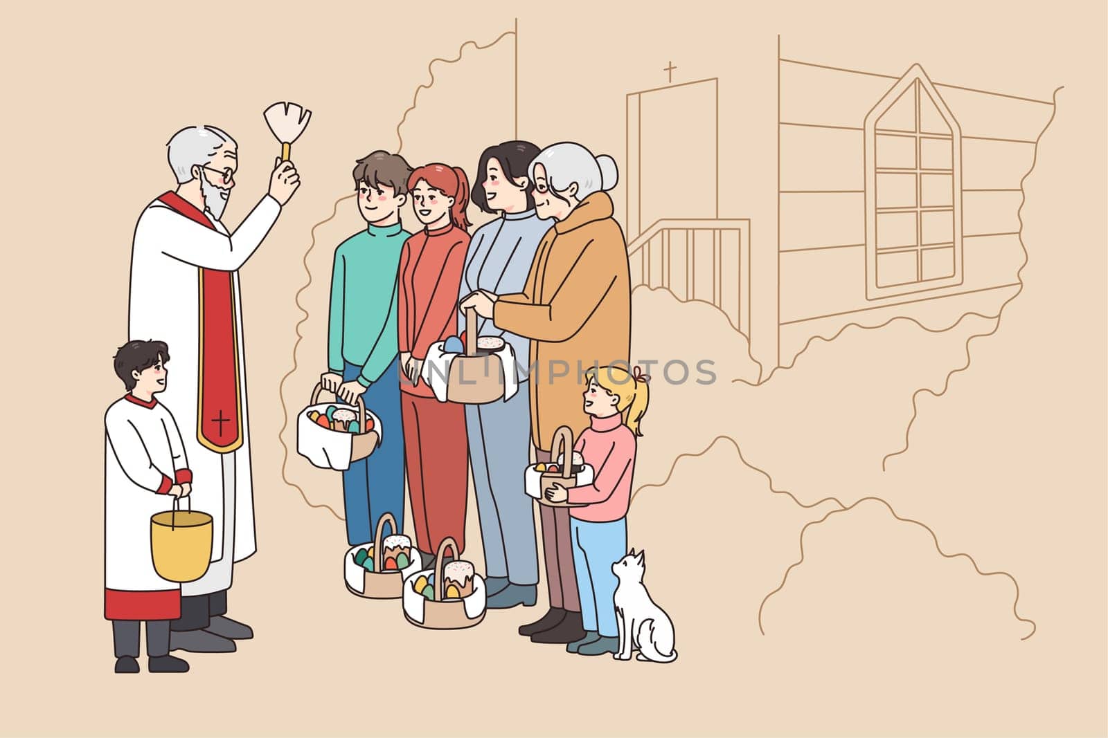Priest holding aspersorium with holy water blessing people at church worship on Eater morning. Clergymen sanctify parishioners with aspergillum. Faith and religion. Vector illustration.