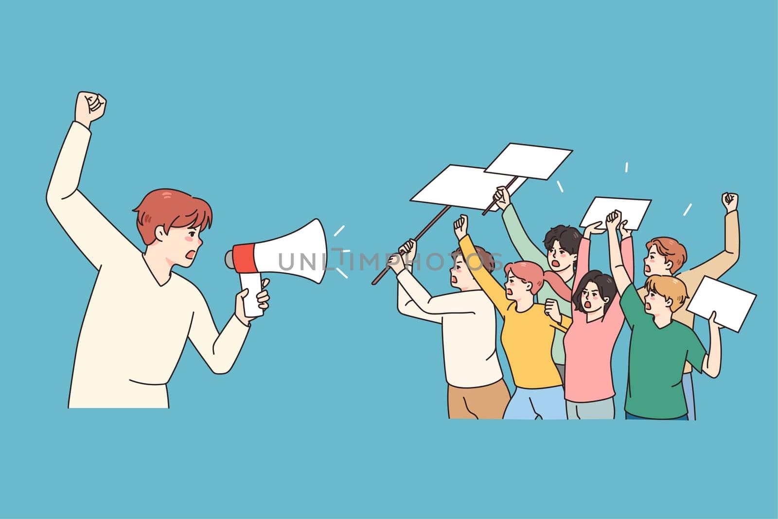 Male leader with megaphone head demonstration with diverse people holding banners and posters. Activists on strike or riot protest against discrimination, vote for freedom. Vector illustration.