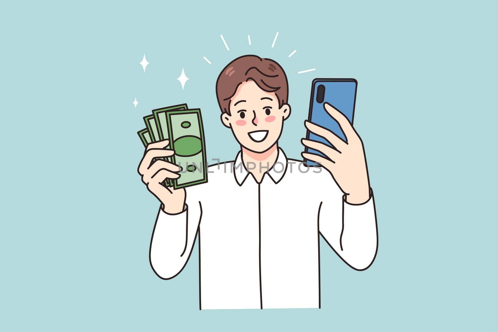 Smiling man holding smartphone and money excited with online lottery victory. Happy guy win cash on internet using cellphone. Working distant from mobile phone. Vector illustration.