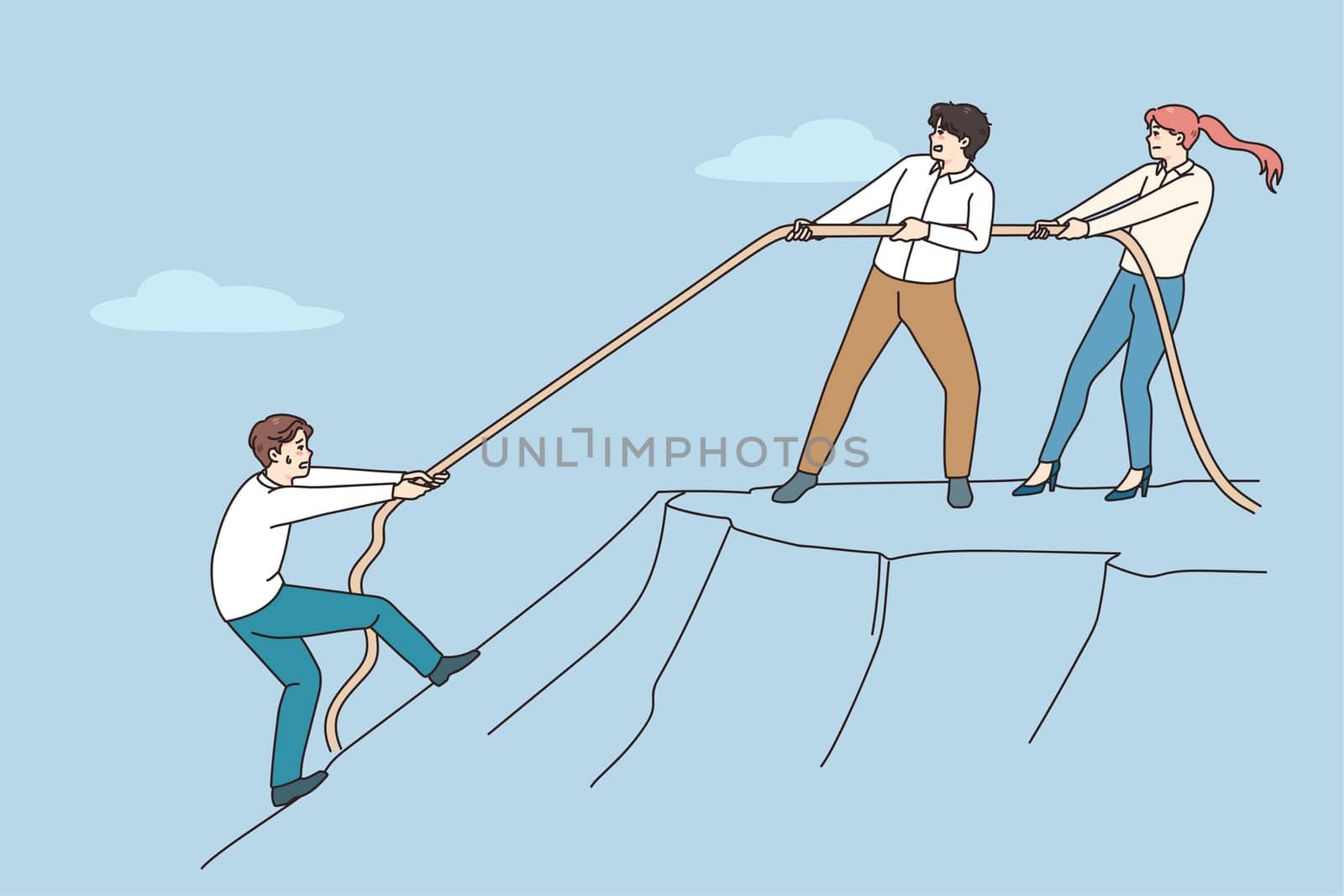 Diverse employees throw rope help colleague climb up hill. Coworkers help person showing support and unity. Concept of teamwork and collaboration at workplace. Vector illustration.