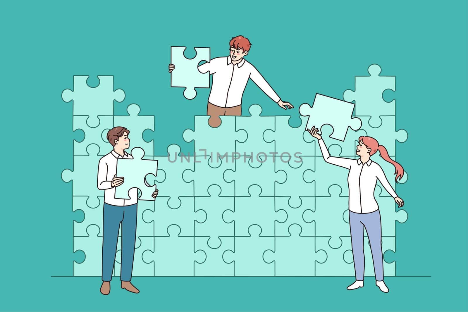 Diverse businesspeople connect jigsaw puzzles looking for business solution together. Colleagues cooperate join pieces for shared goal or result achievement. Teamwork. Vector illustration.