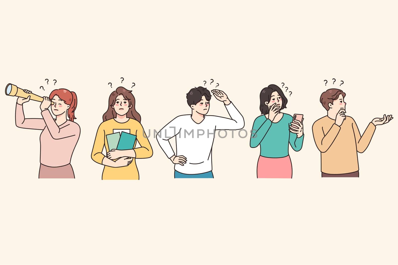 Diverse people with binoculars and spyglass feel confused looking for problem solution. Men and woman frustrated with dilemma, solving business trouble together. Vector illustration.