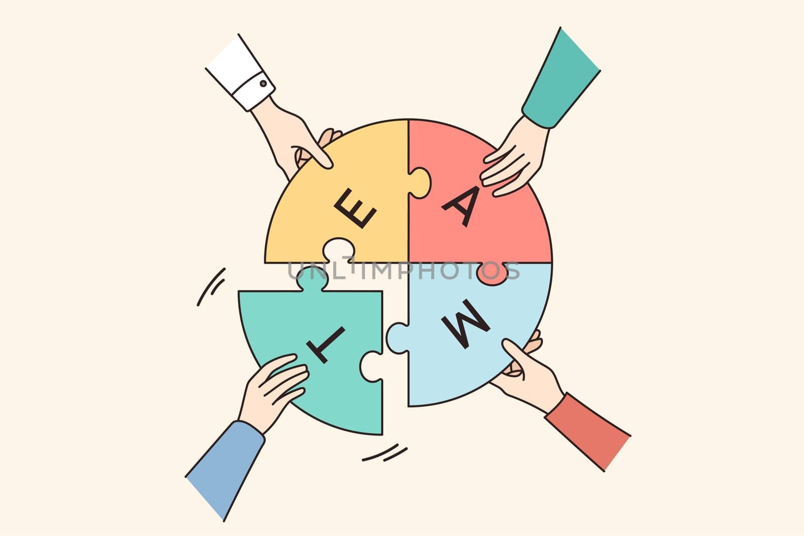 Top view closeup of businesspeople take part of jigsaw puzzle show team unity and motivation for success. Diverse employees participate in teambuilding. Teamwork concept. Vector illustration.