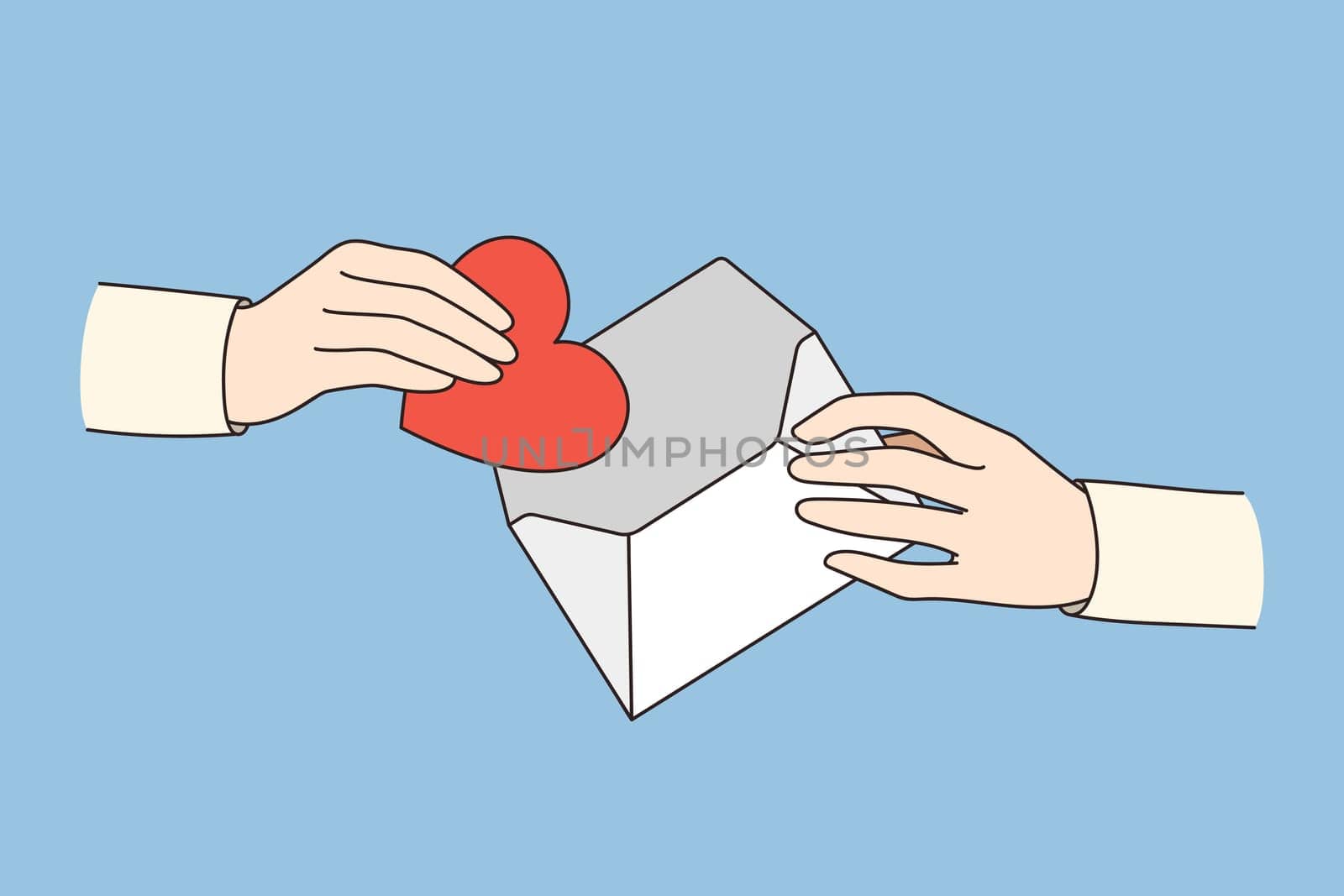 People keep paper heart in envelope share love and care. Hand take out heart symbol from letter, get valentine postcard. Support and charity concept. Vector illustration.