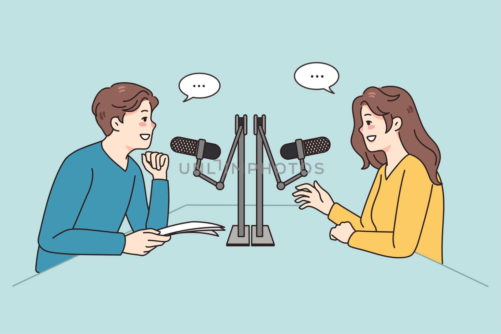 Smiling diverse people talk in studio in microphones record podcast together. Happy radio host interview guest at station. Entertainment industry. Vector illustration.