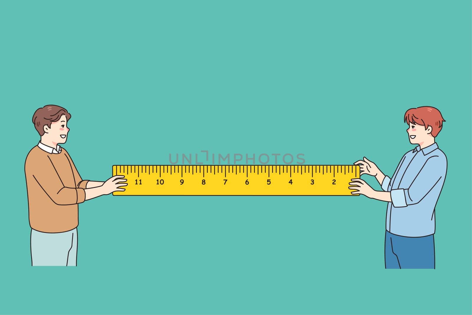 Smiling men holding ruler work on repairing project together. Male friends with tape take measurements. Mechanic and engineering concept. Vector illustration.