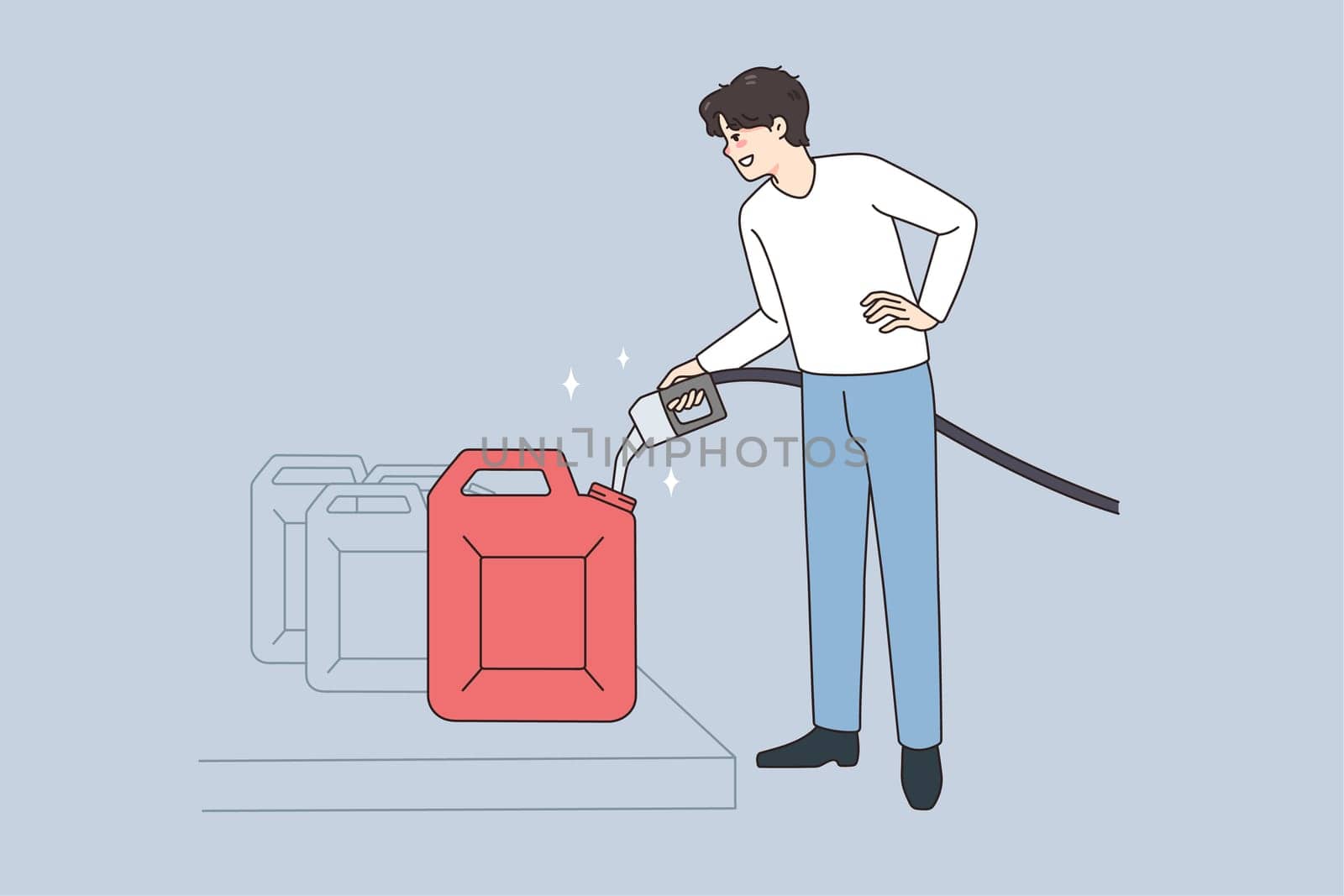 Male driver with pistol hoard petrol in can at gas station. Smiling man buy petroleum collect liquid in canister. Flat vector illustration, cartoon character.