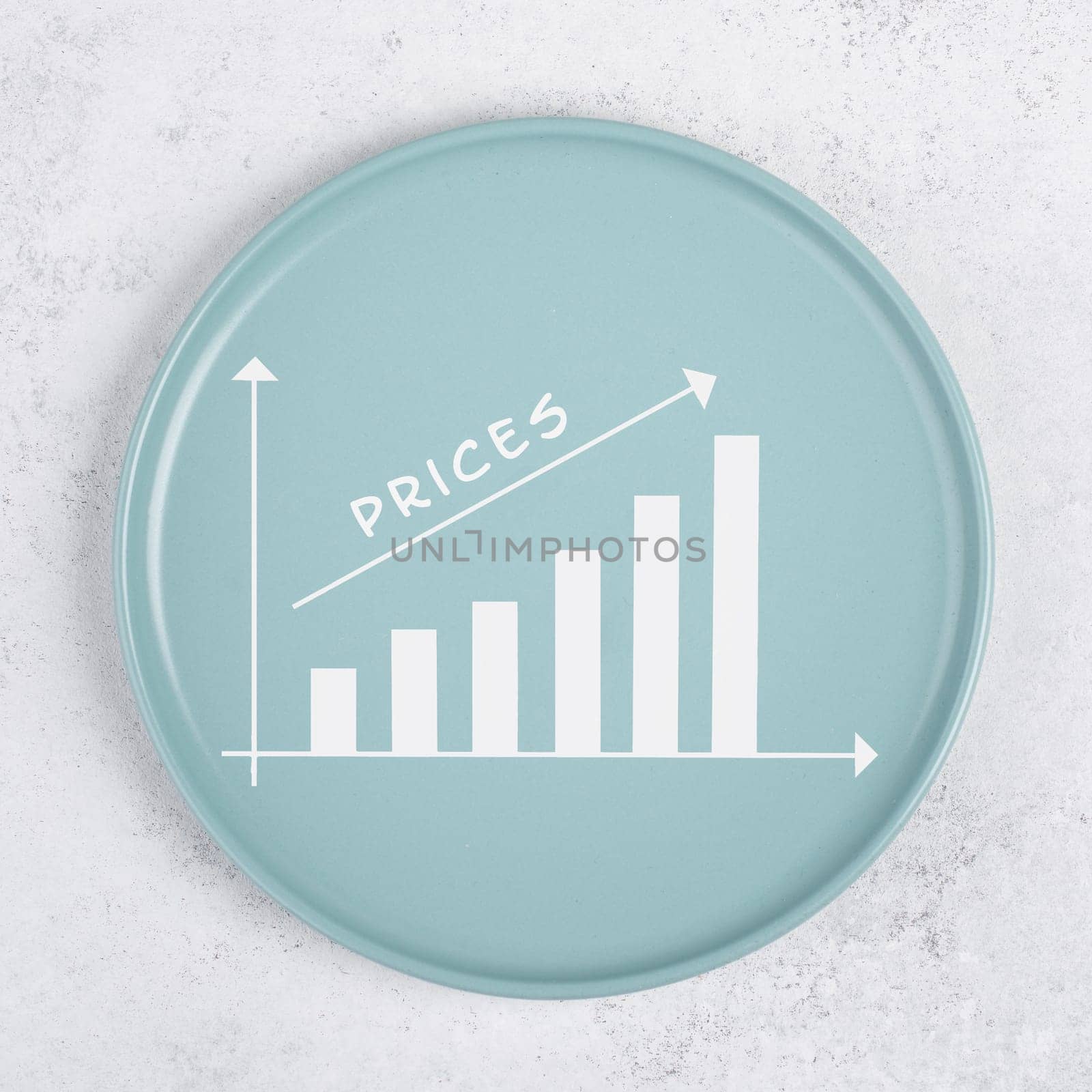 Global increasing prices for food, high living expenses, shortage of groceries, inflation of the Dollar and Euro, empty plate with a graph