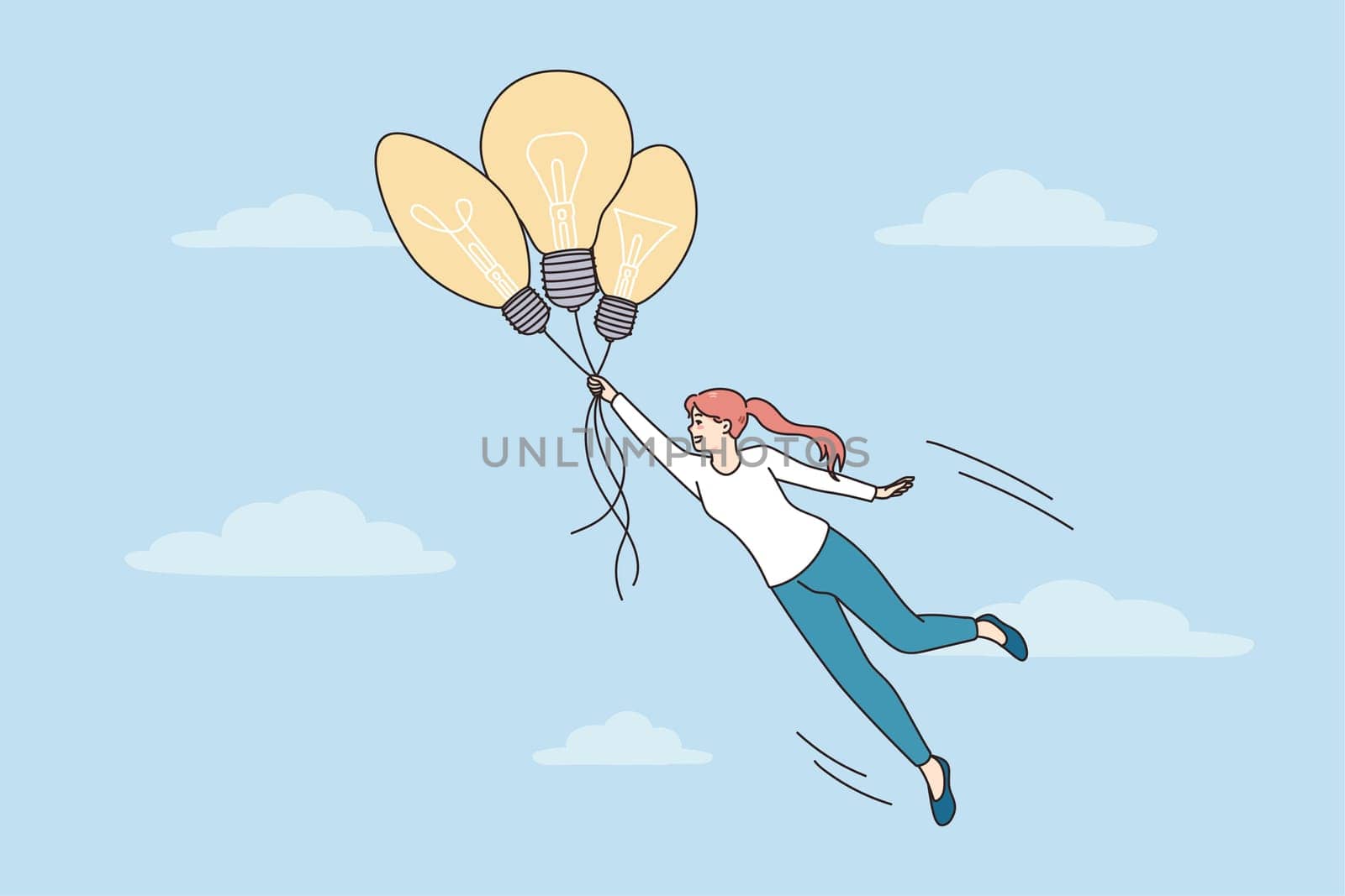 Happy motivated woman flying on light bulbs as balloons in sky. Smiling female lost in dreams or imagination. Creative ideas and problem solution. Vector illustration.
