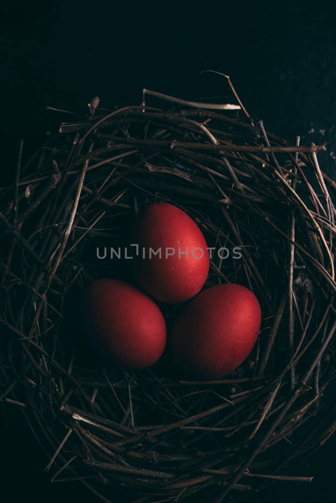 Red easter eggs in bird nest on dark background. Retro style.