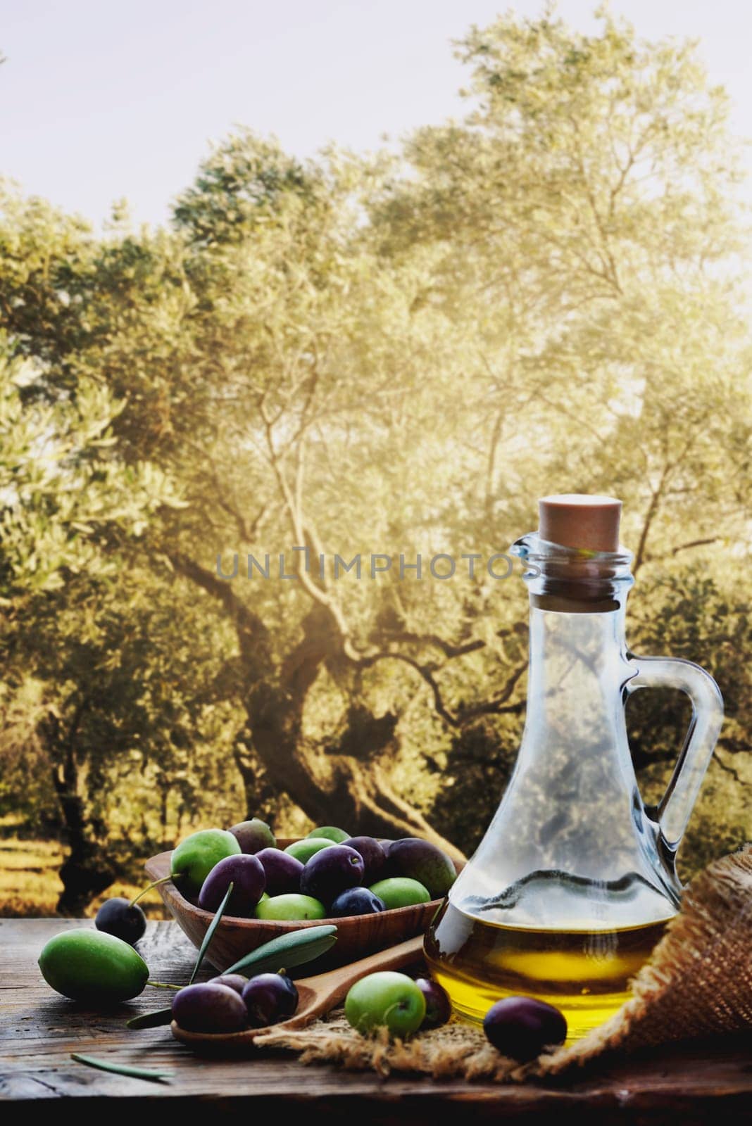 Bottle of olive oil and fresh olive fruit on wooden table in front of mediterranean olive trees