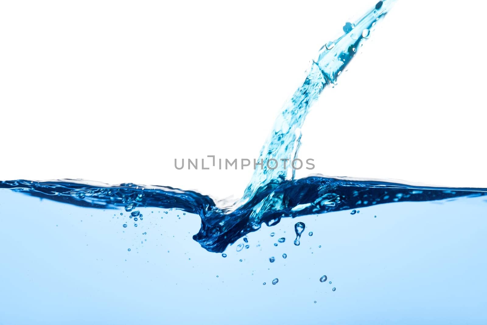 Abstract clean flow ripple surface on liquid. Light blue water wave with air bubbles and a little bit splashed underwater, studio shot isolated on white background