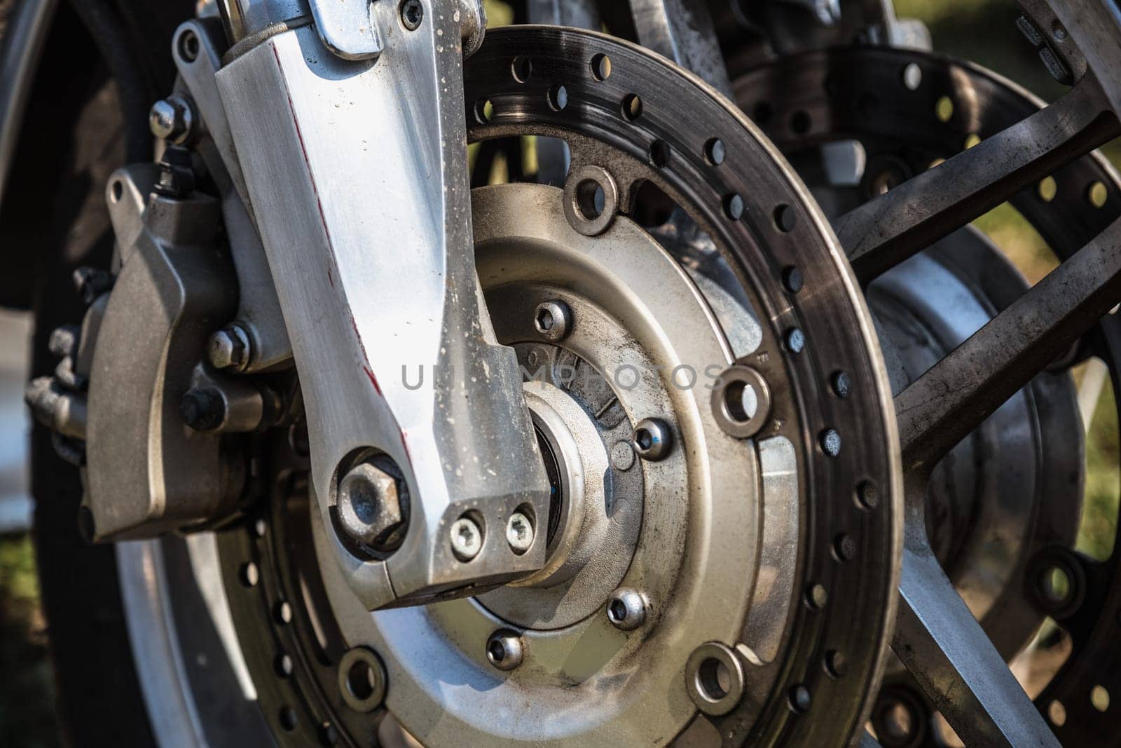Sport bike or motorcycle brake disk closeup