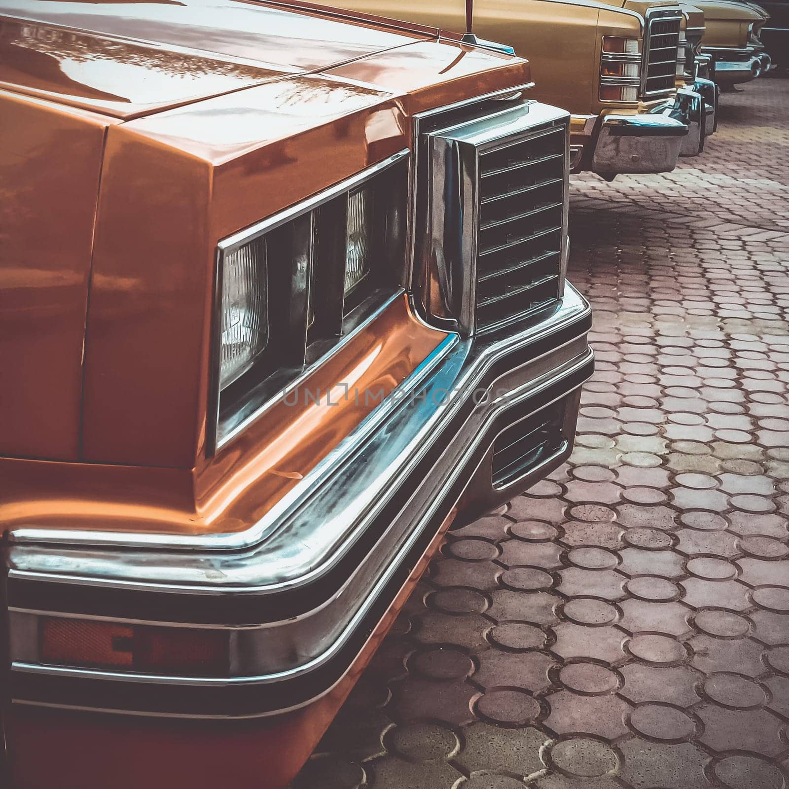 Old retro or vintage car or automobile front side with front light or headlight. Processed by vintage or retro effect filter