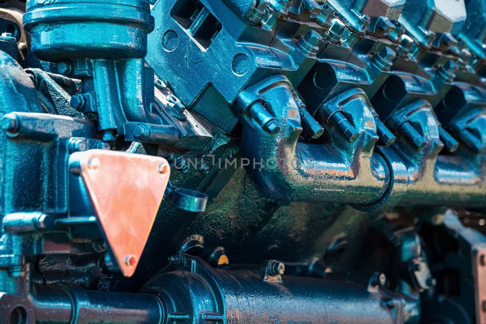 Tractor engine closeup agriculture machinery industry. Selective focus of image