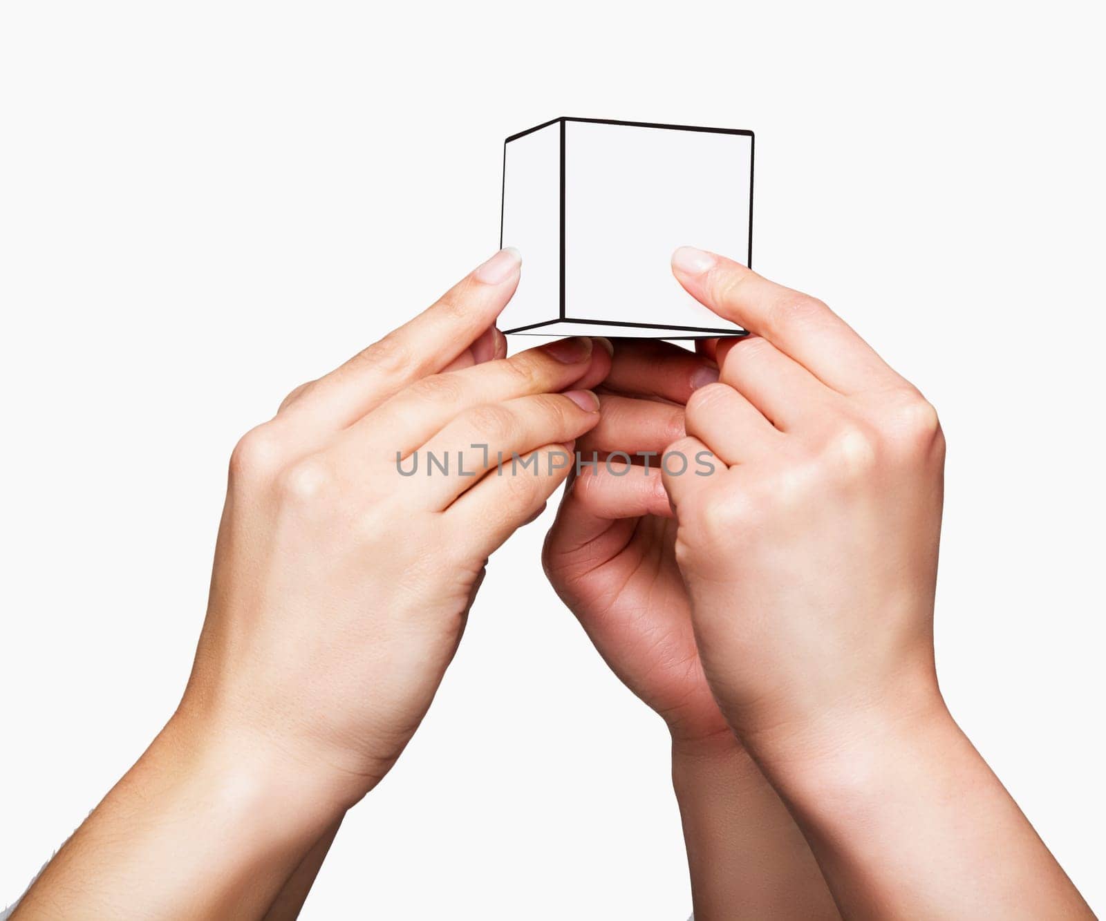Hands holding white cube on white background