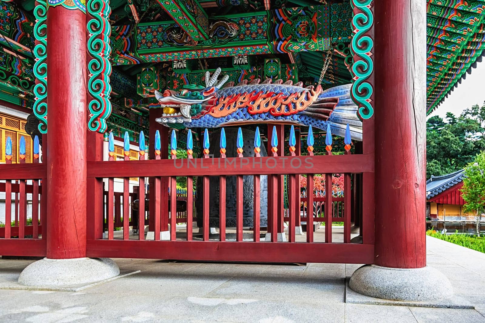 Monastery buddhist monk bell with traditional decoration pattern dragon in pavilion in South Korea