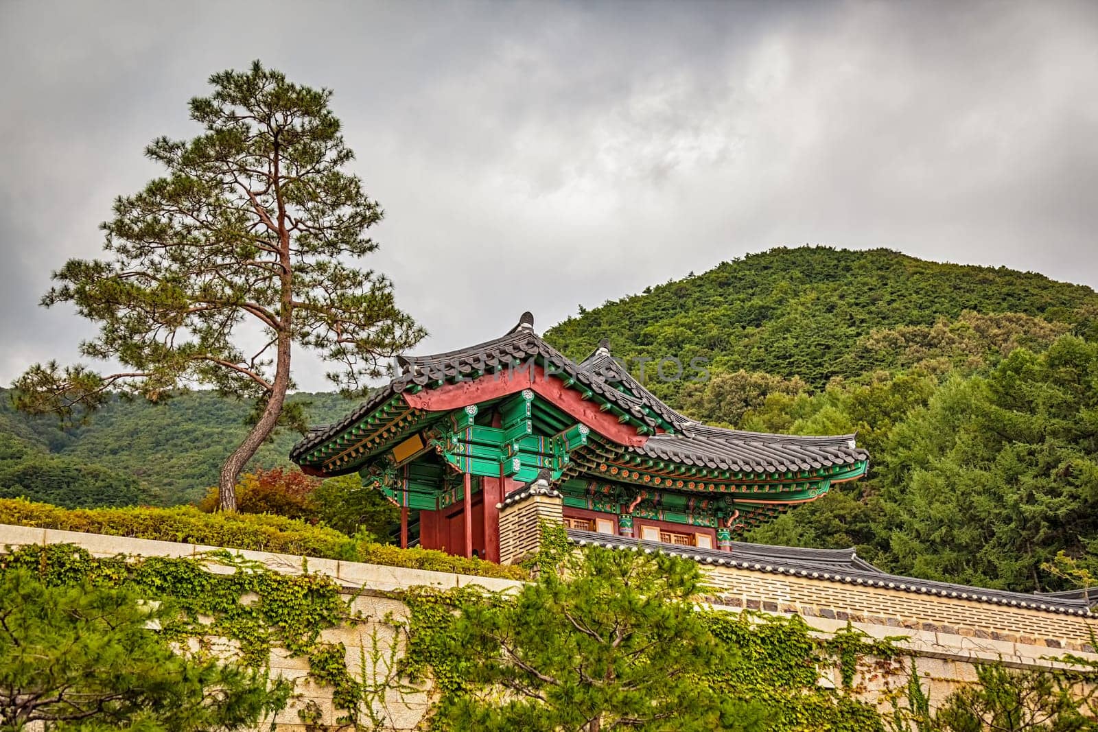 Traditional asian buddhist monks temple in mountains in South Korea at autumn