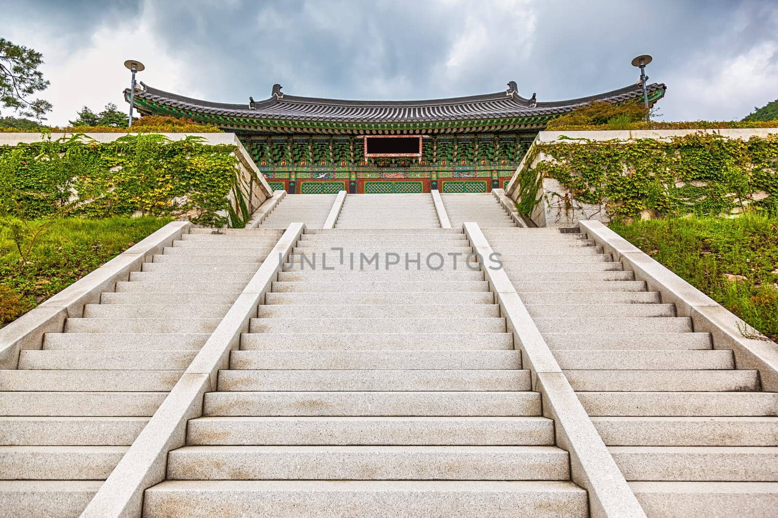 Traditional korean architecture old building palace or monks temple with stairs in South Korea at autumn