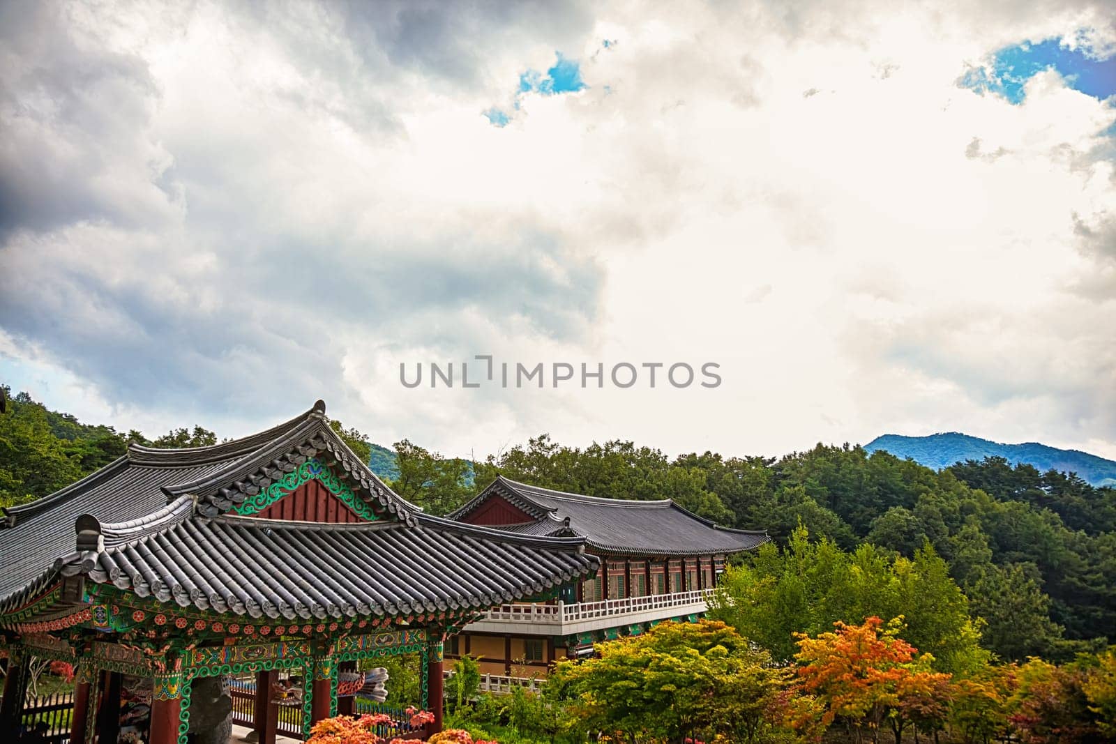 Traditional asian buddhist monks temple in mountains in South Korea at autumn