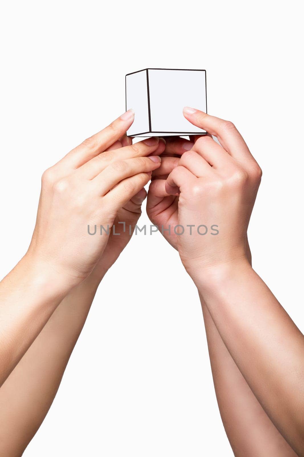 Hands holding white cube on white background
