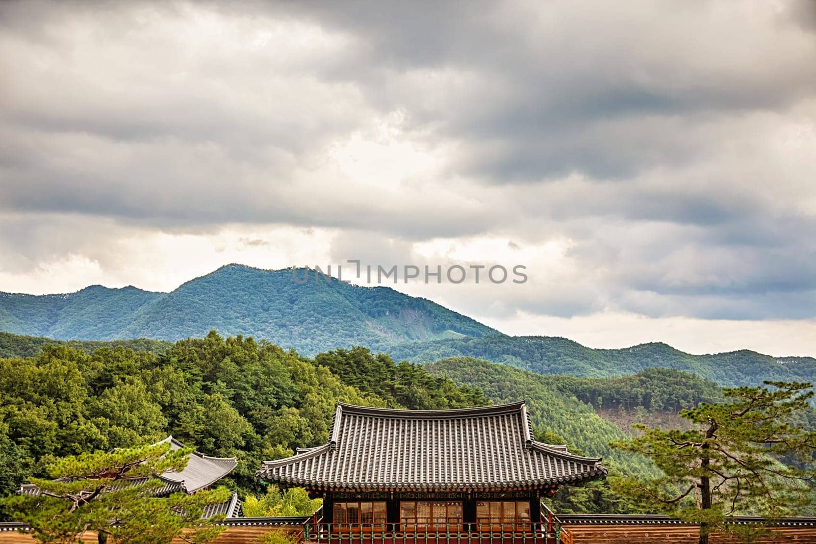 Traditional asian buddhist monks temple in mountains in South Korea at autumn