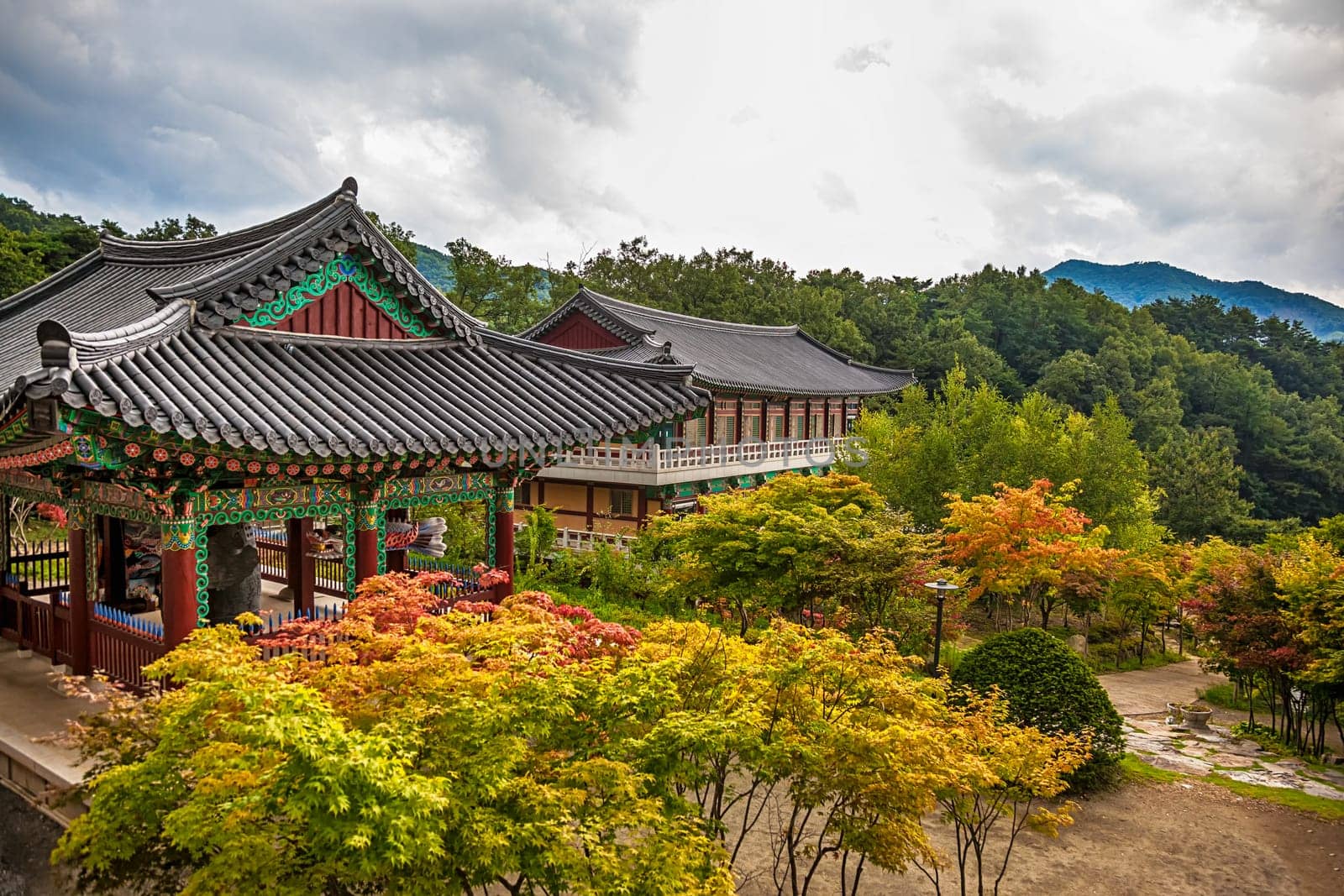 Traditional asian buddhist monks temple in mountains in South Korea at autumn