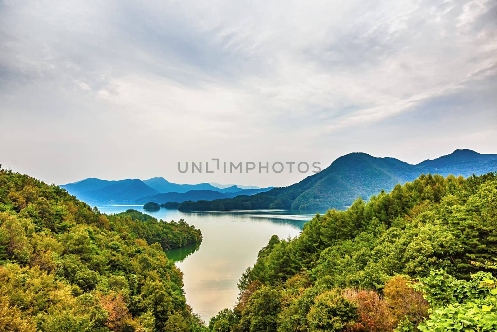 Mountains with green trees and lake landscape in South Korea
