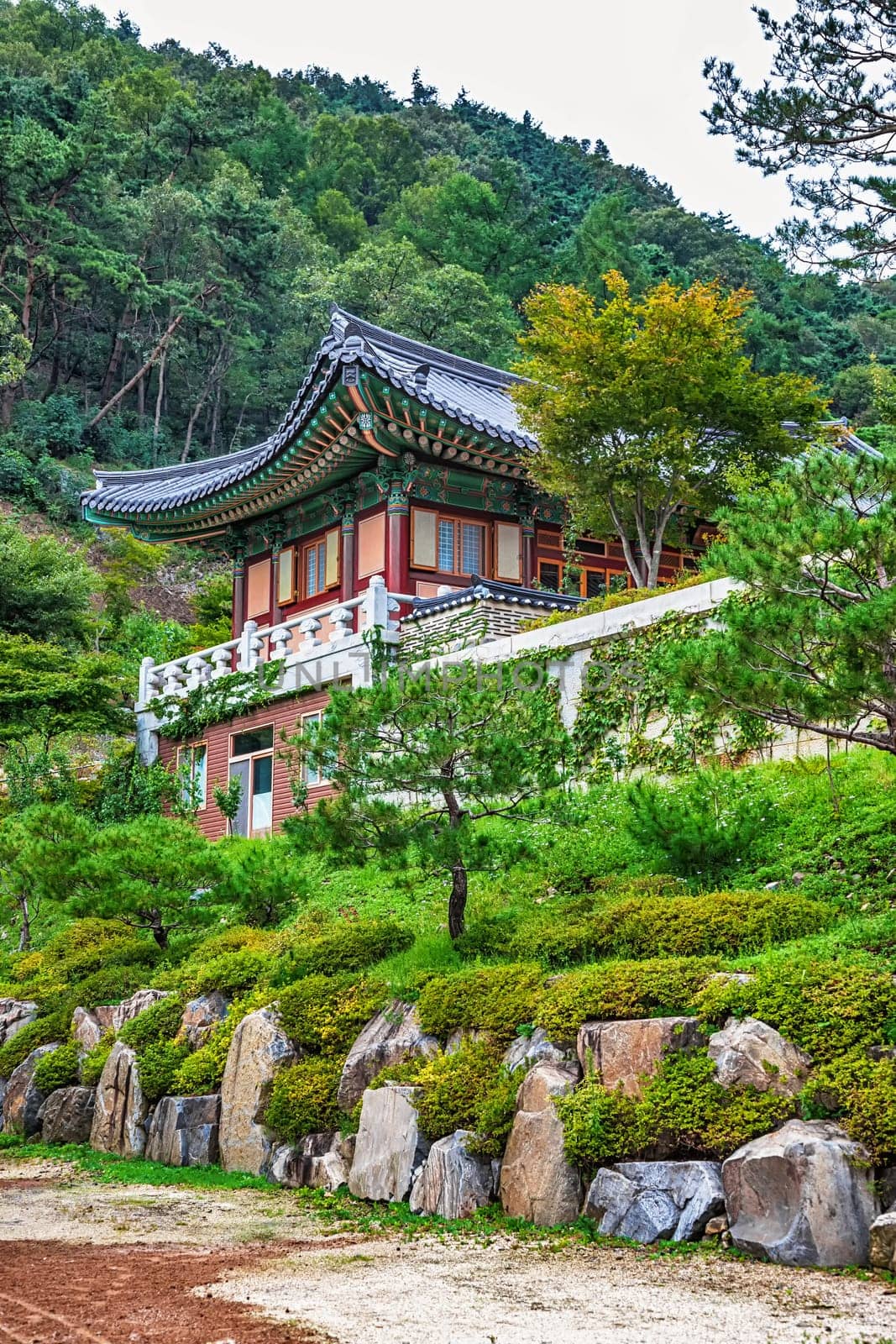 Traditional asian buddhist monks temple in mountains in South Korea at autumn