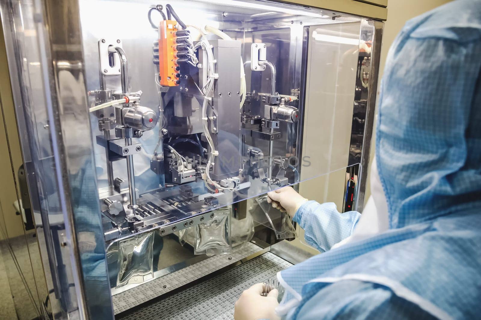 Operator work and fill substance in package on infusion pharmaceutical industry or chemical plant