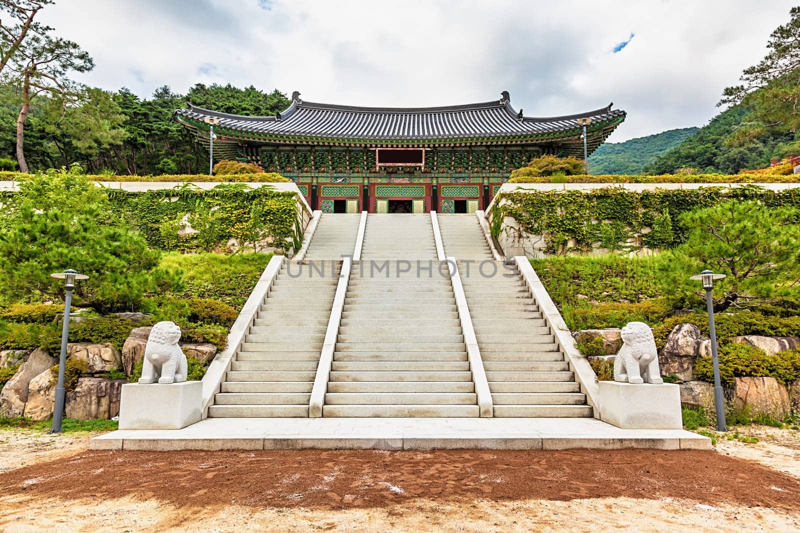 Traditional korean architecture old building palace or monks temple with stairs in South Korea at autumn