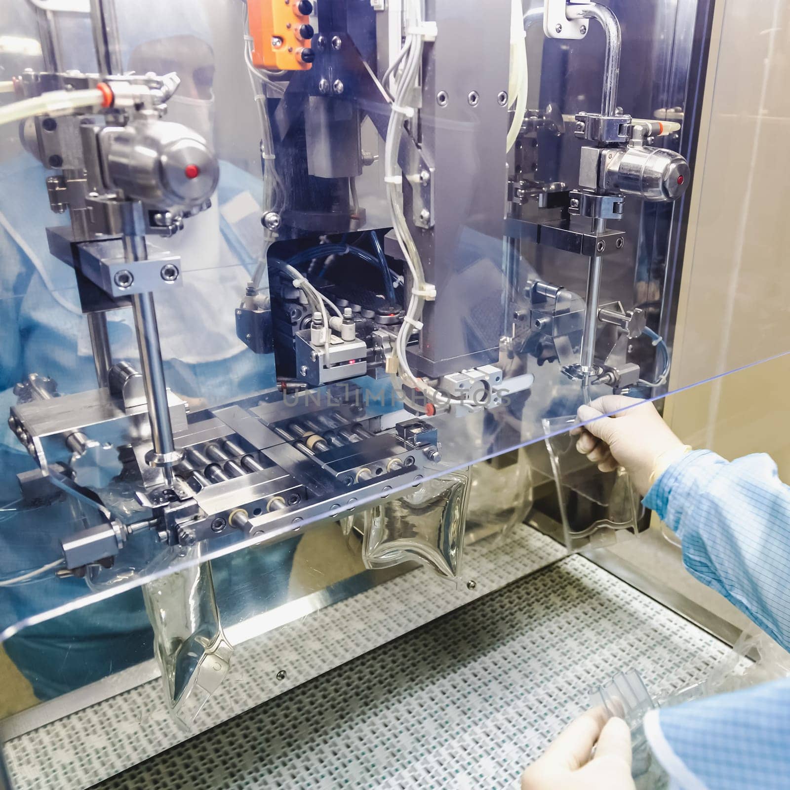 Operator work and fill substance in package on infusion pharmaceutical industry or chemical plant
