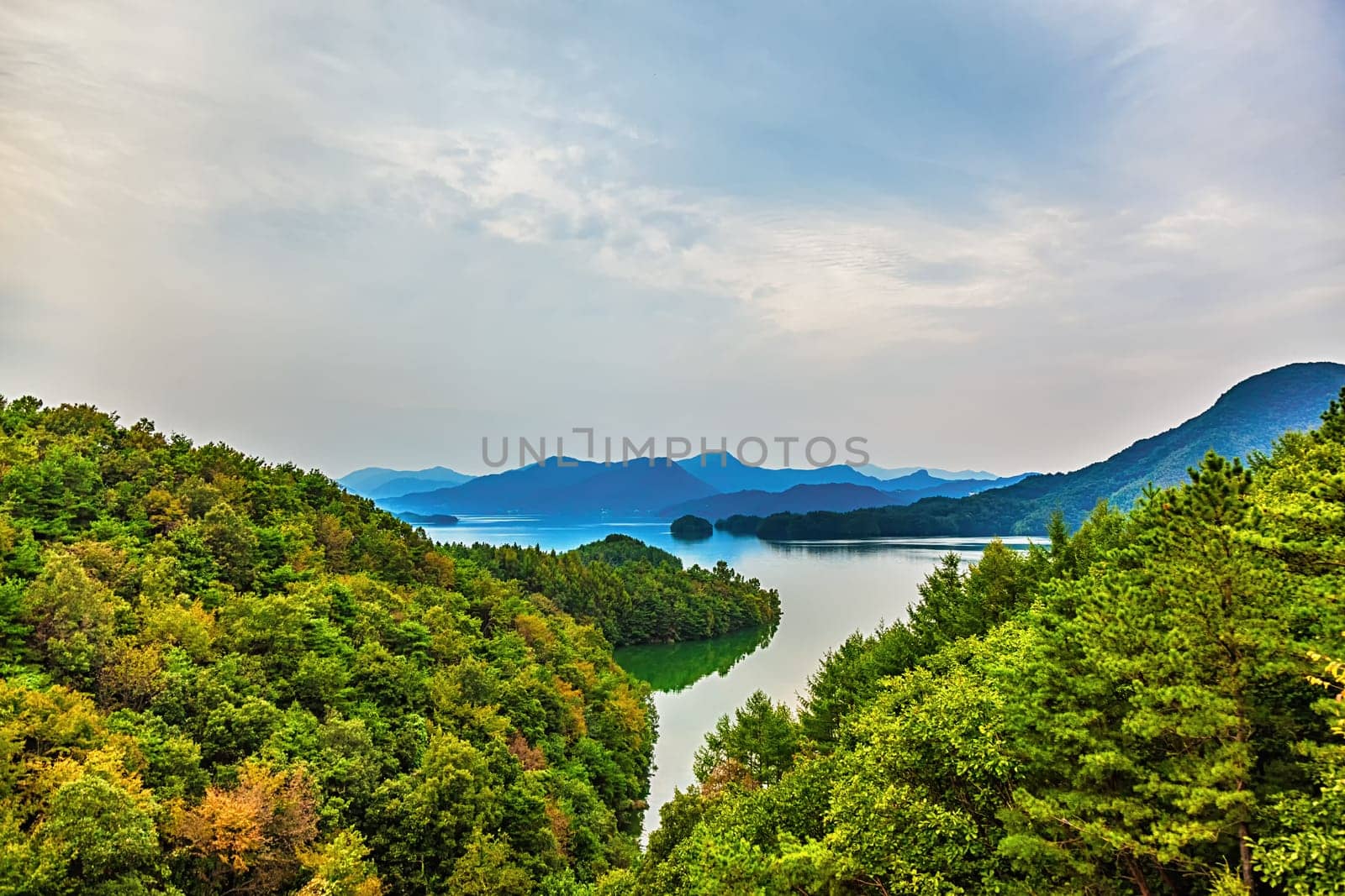Mountains with green trees and lake landscape in South Korea