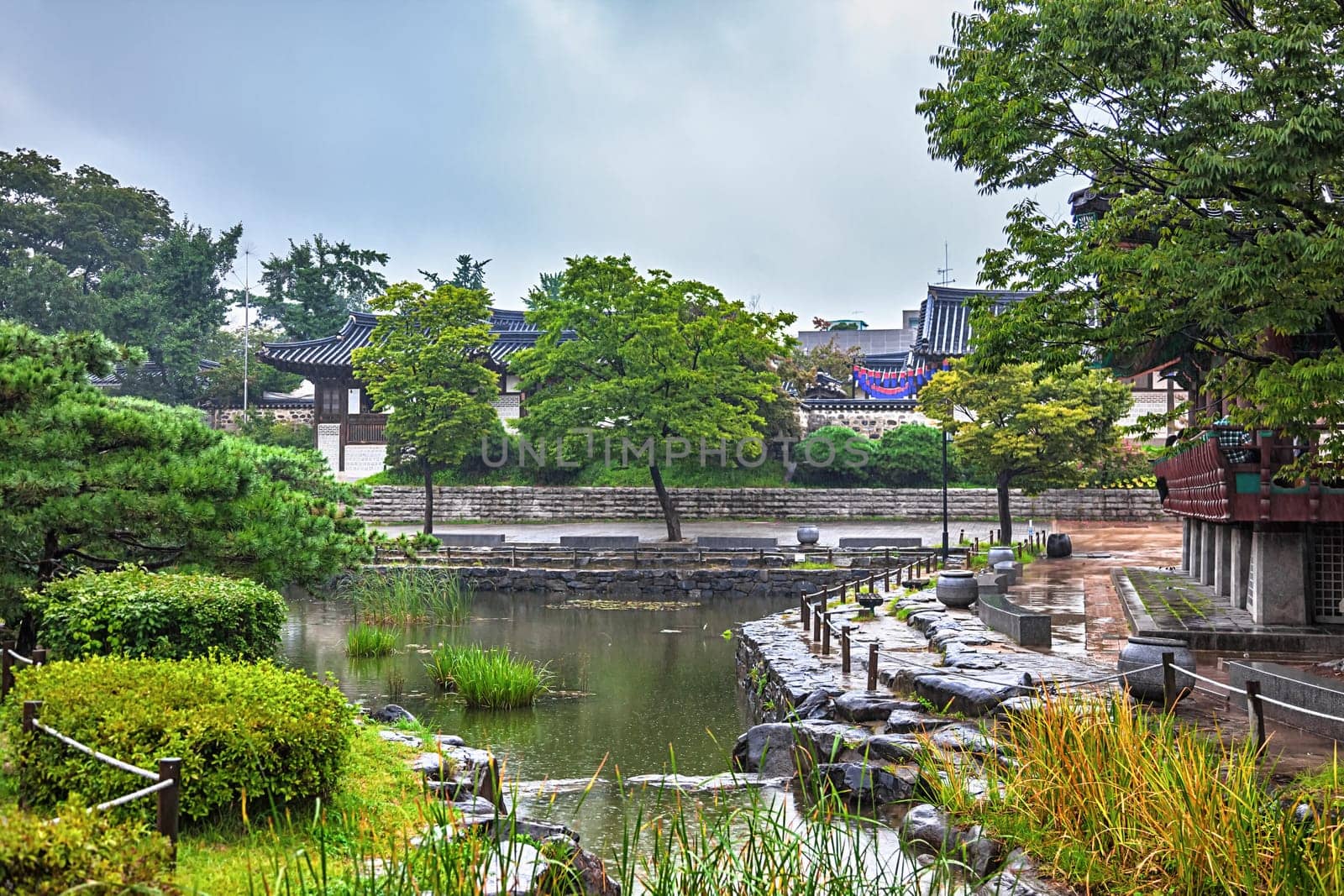 Traditional korean village with old architecture buildings or houses at cloudy and rainy day in South Korea
