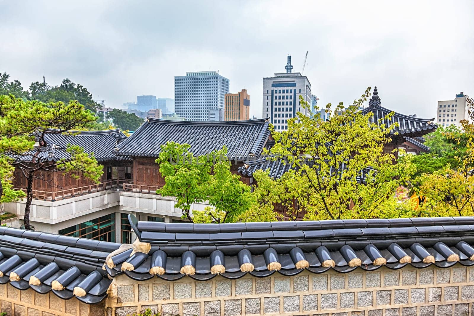 Traditional old and modern korean houses cityscape at autumn in South Korea