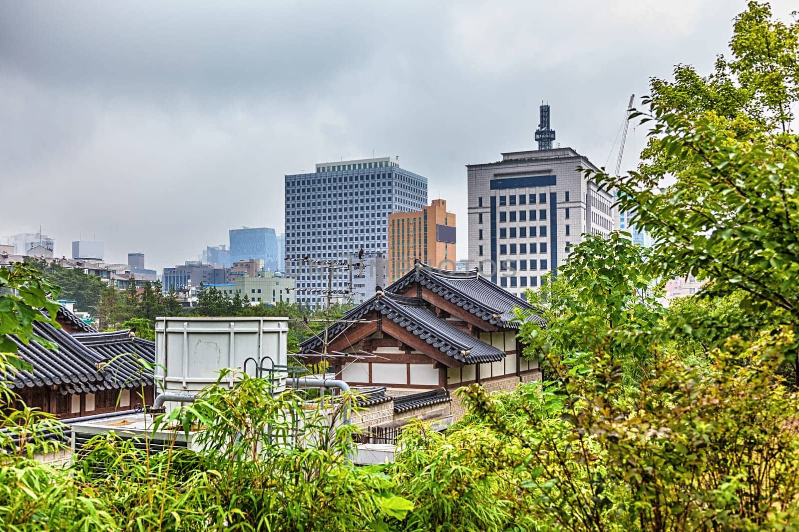 Traditional old and modern korean houses cityscape at autumn in South Korea