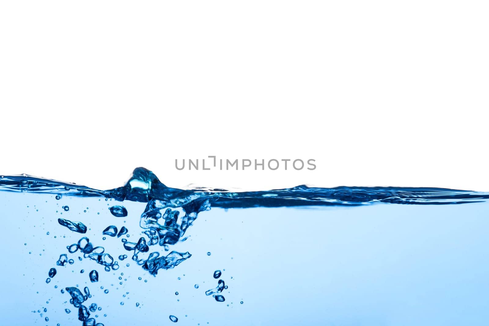 Abstract clean flow ripple surface on liquid. Light blue water wave with air bubbles and a little bit splashed underwater, studio shot isolated on white background