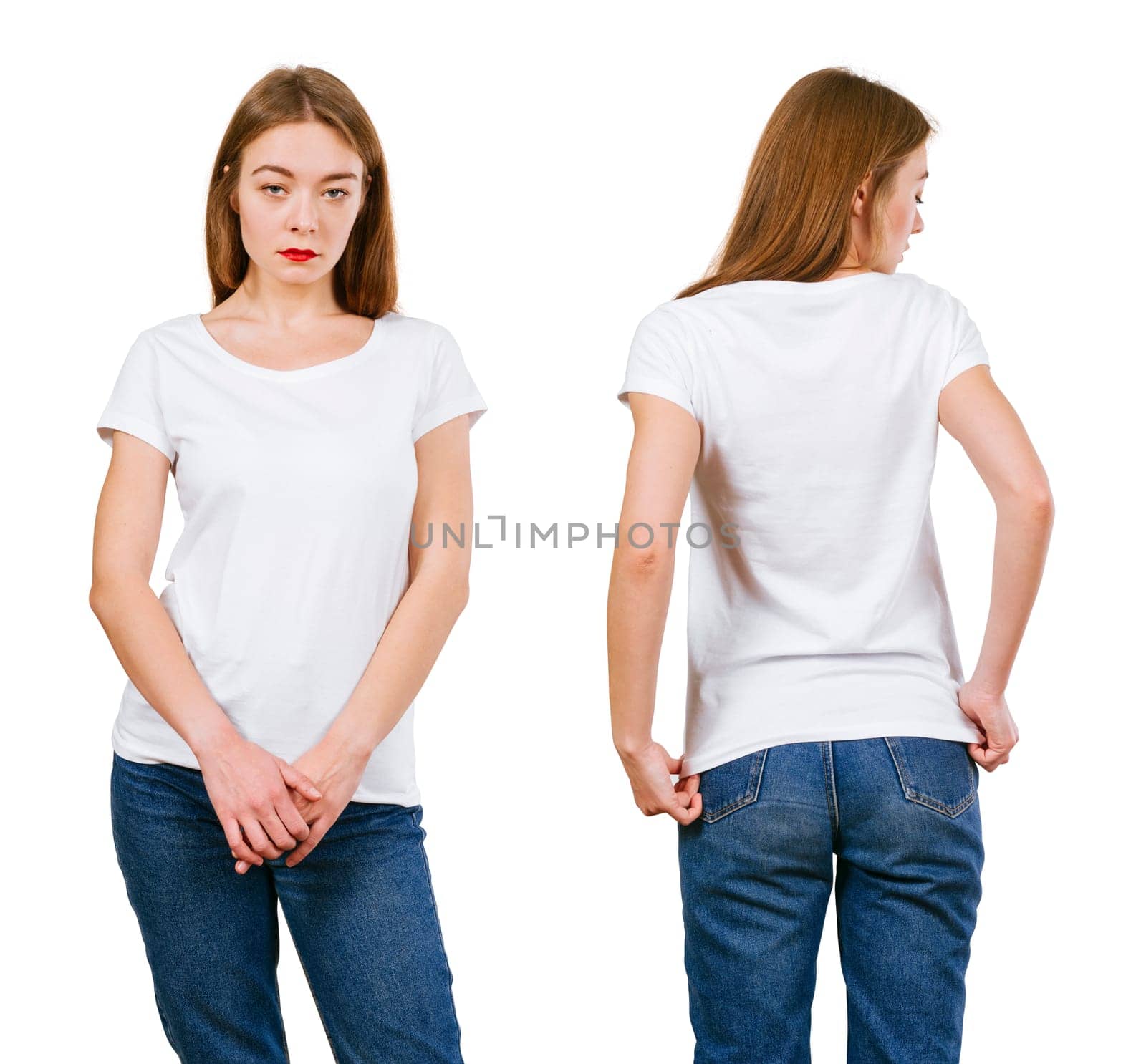 Young beautiful woman with blank white shirt with front and back views..