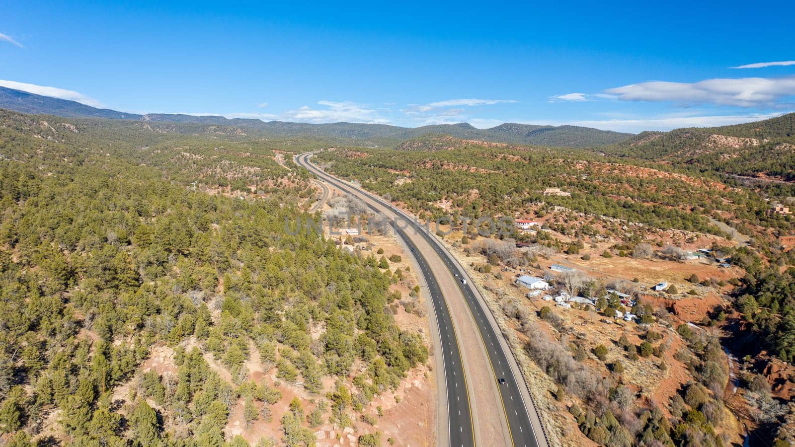 Aerial view of a stretch of I-25 freeway near Santa Fe, New Mexico