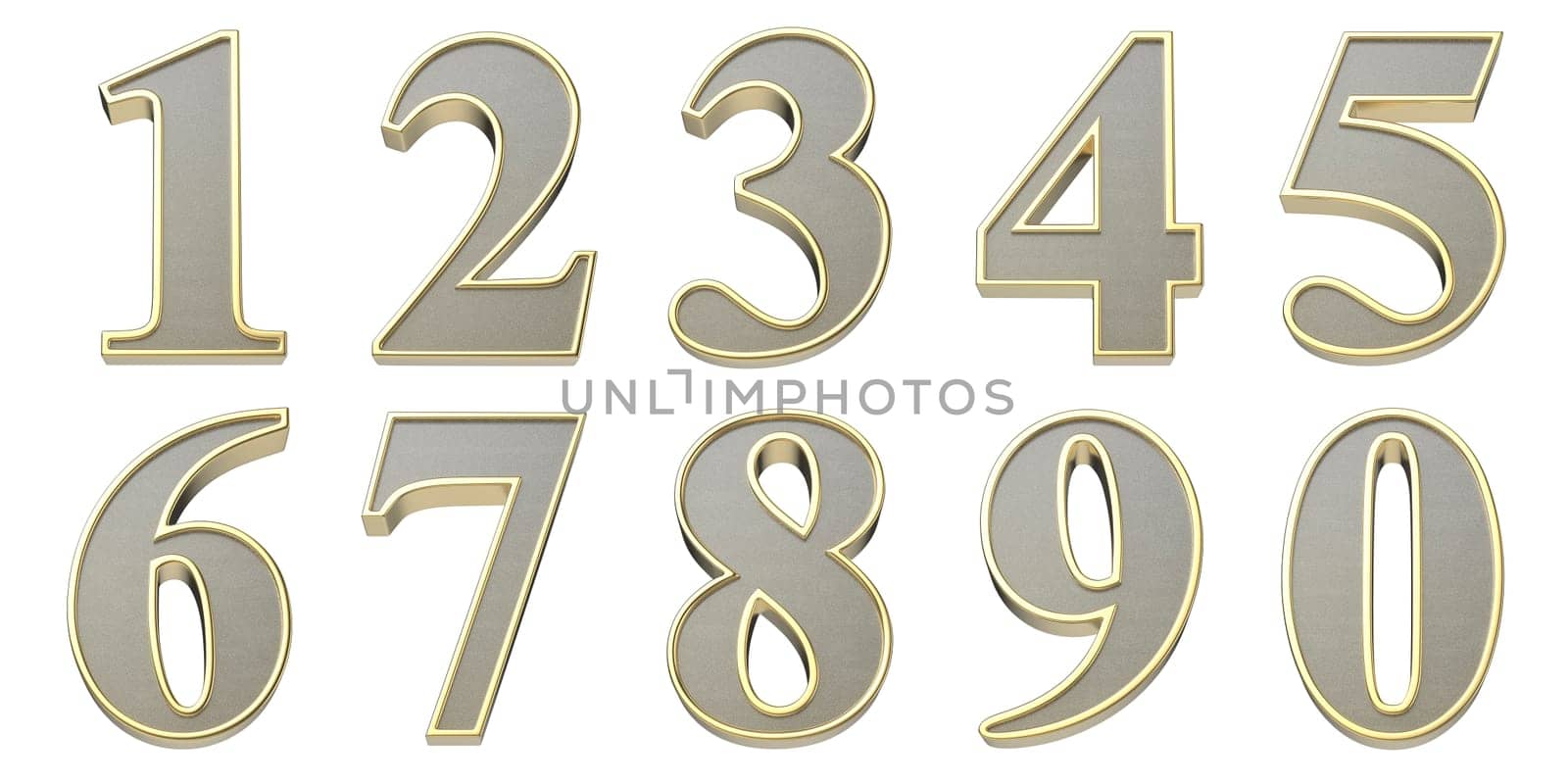 Set of golden 3D numbers, isolated on white background. Front view