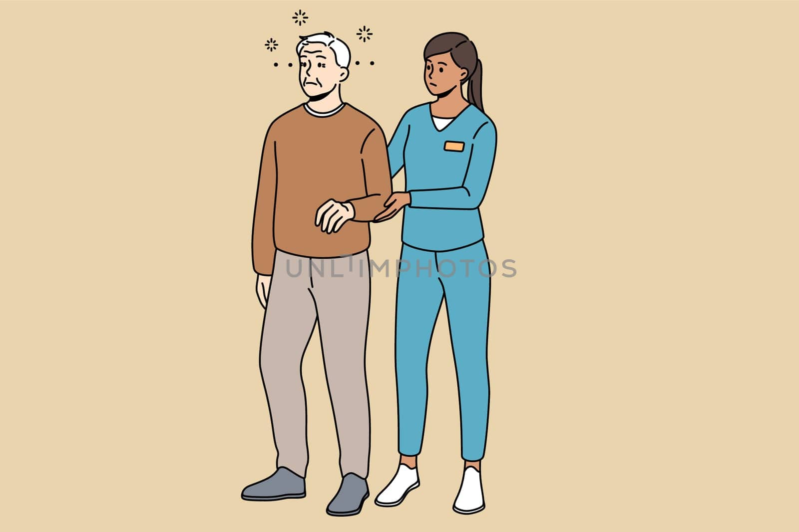Caring nurse help elderly male patient walking suffering from dizziness. Therapist or medical worker assist mature grandparent with rehabilitation. Healthcare. Vector illustration.