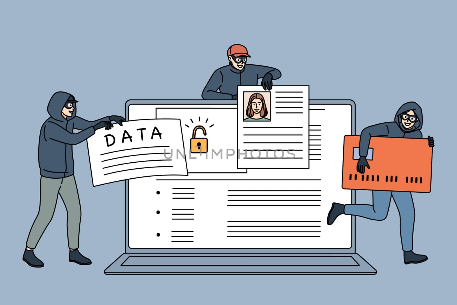 Group of hackers steal personal information from computer. Internet thieves hack laptop security system, get secured data and passwords. Web robbery and fraud. Vector illustration.