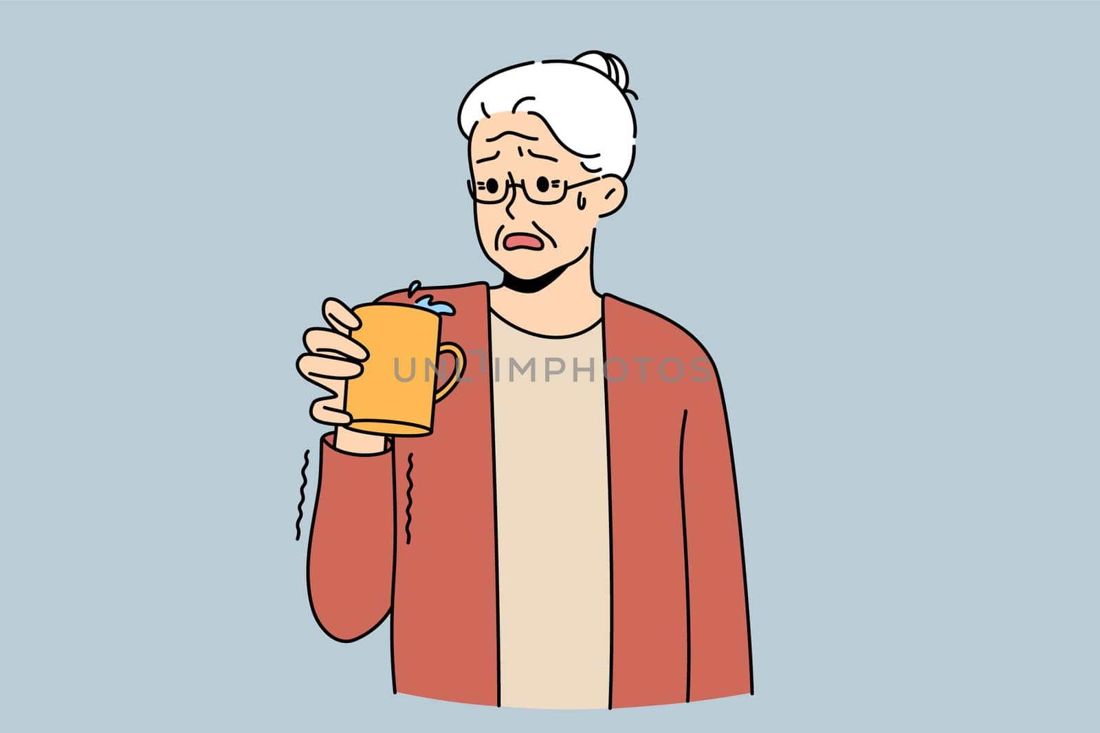 Old grey-haired woman hold cup feel trembling in hands. Unhealthy mature female suffer from Parkinson disease feeling limbs shaking. Elderly healthcare. Vector illustration.