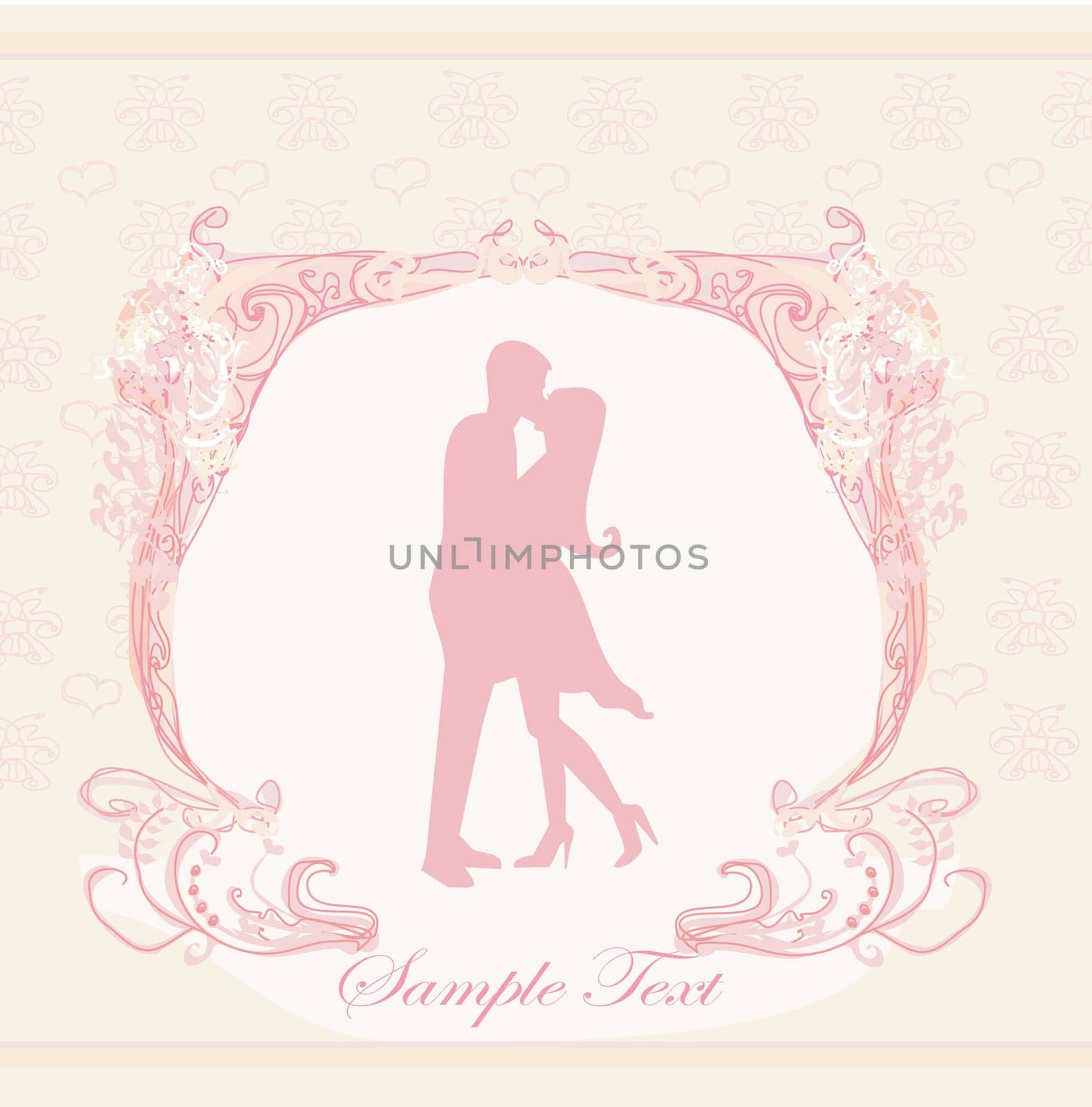 Floral greeting card with silhouette of romantic couple