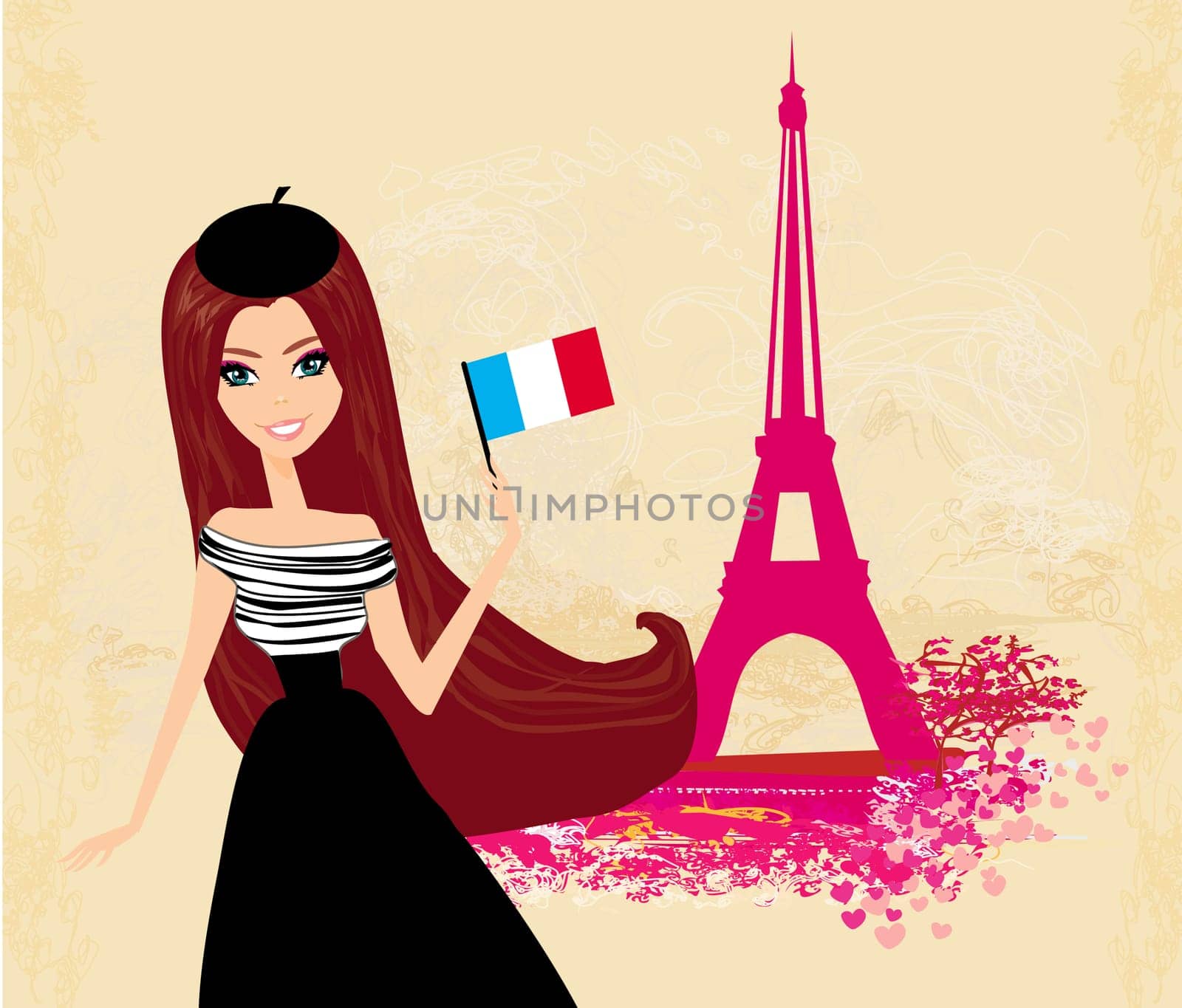 beautiful women with France flag in Paris - vector card