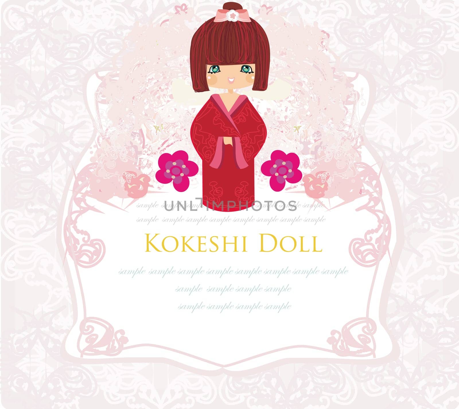 Kokeshi doll on the pink background with floral ornament