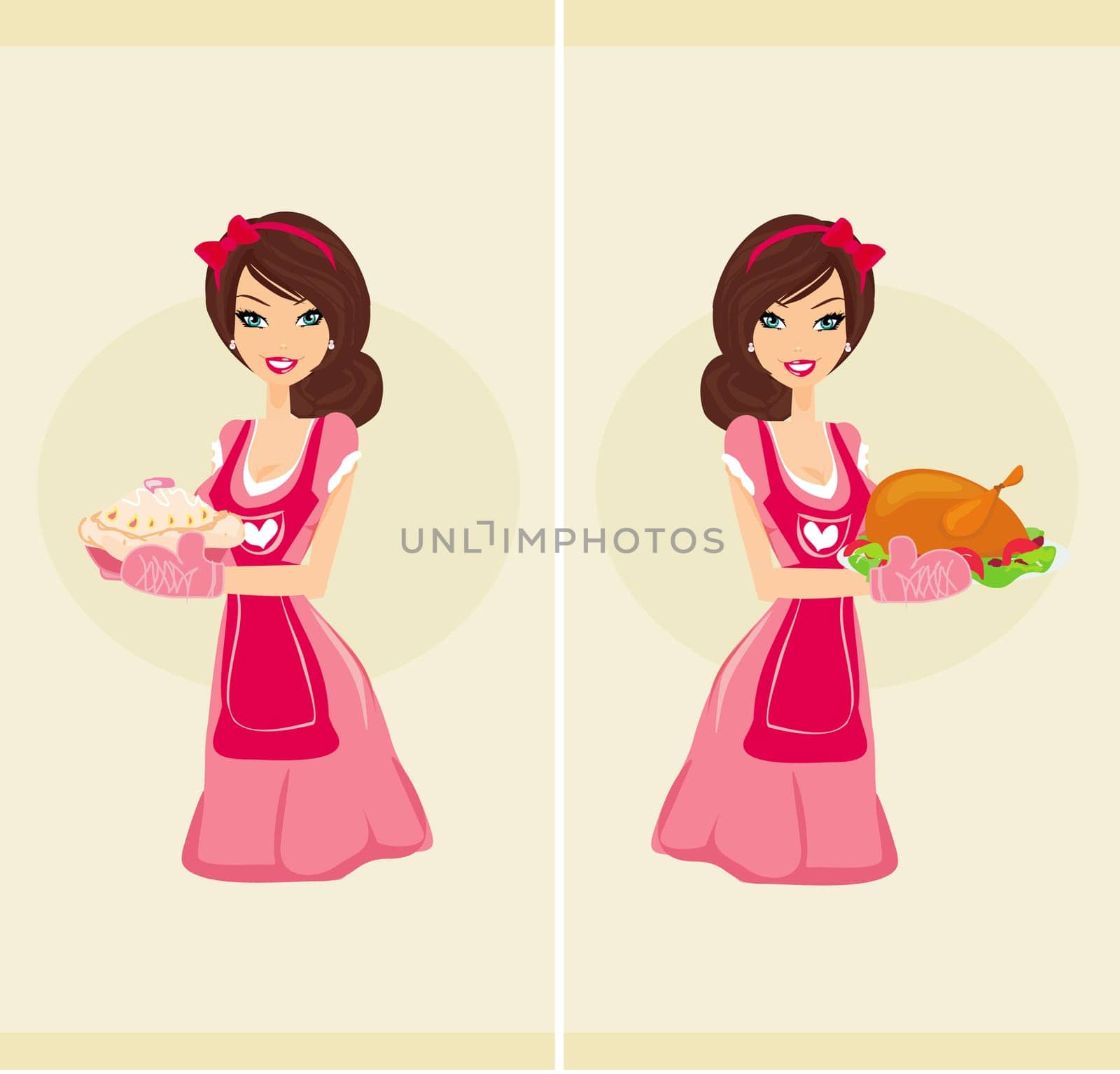 Beautiful Waitress serving chicken and cake